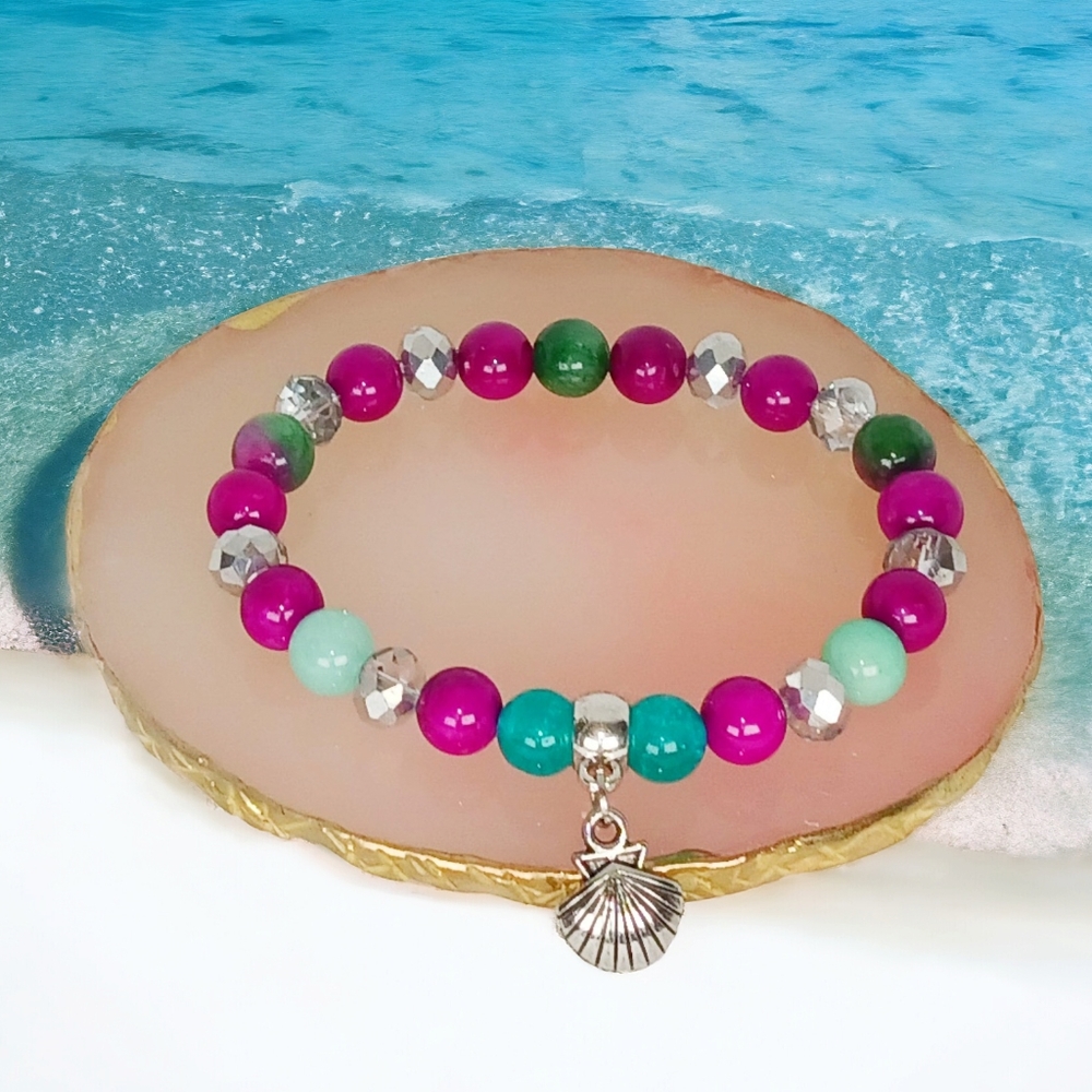 Colorful Multicolor Crystal Bracelet with Shell Charm Mermaidcore Y2K Oceamcore